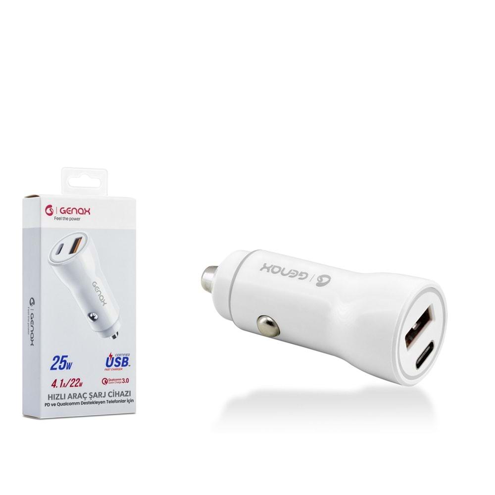 GENAX GNX013 TYPE-C+USB ARAÇ ŞARJ PD ADAPTÖRÜ 4.1A 22W BEYAZ