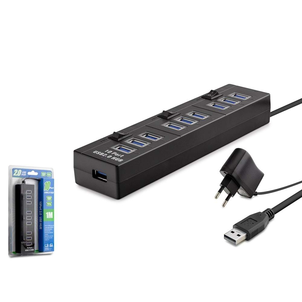 HADRON HDX7005 USB HUB 10PORT 3 ANAHTARLI GÜÇ ADAPTÖRLÜ SİYAH 1M