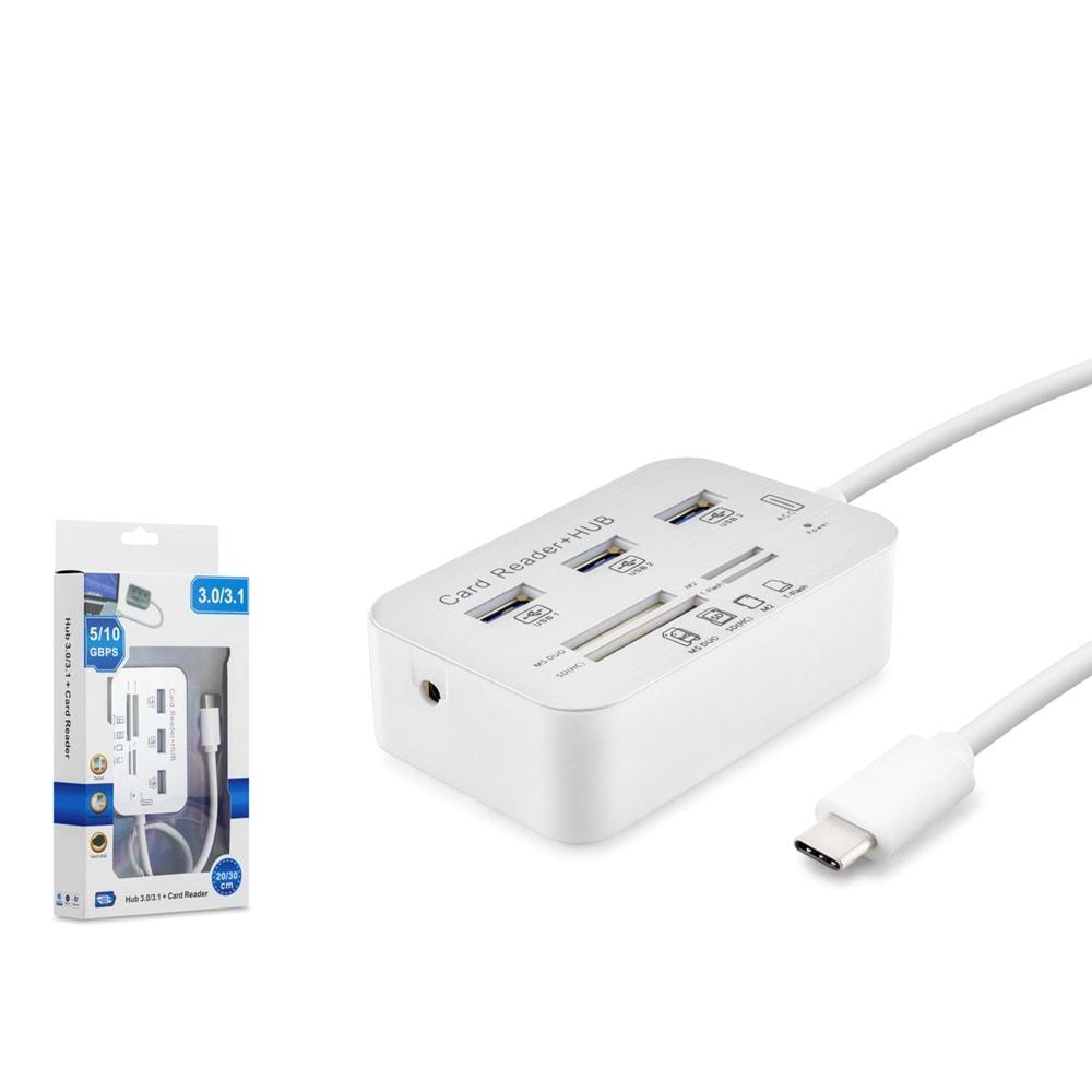 HADRON HDX7029 TYPE-C TO USB3.0 HUB COMBO 3PORT+MS/SD/M2/TF CARD READER 7IN1 5/10 GBPS 20 BEYAZ
