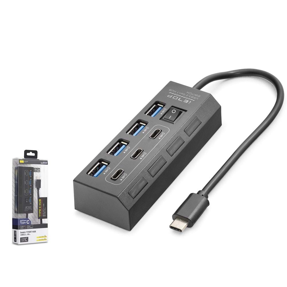 Hadron HDX7057 Type-C Hub 5Gbps 3x USB-C 3.2 + 4x USB-A 3.2 7 Port Anahtarlı Çoklayıcı Siyah