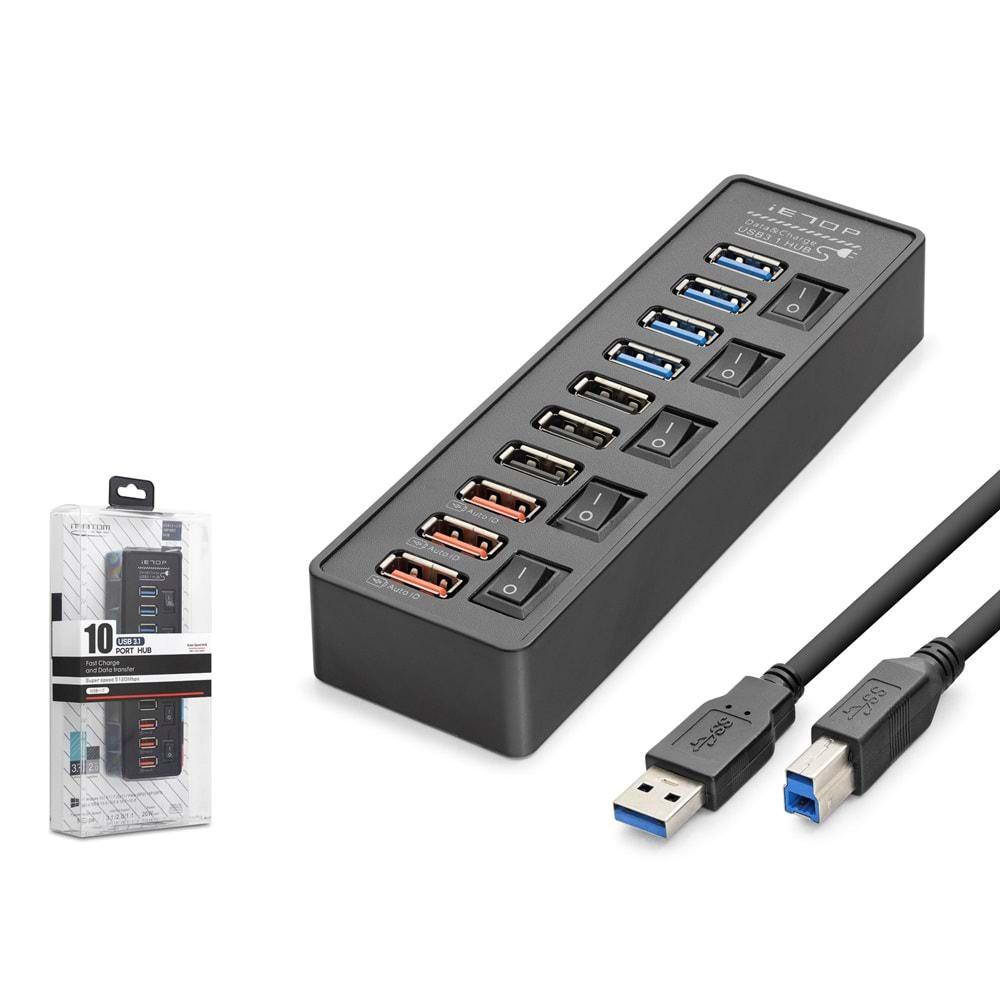 Hadron HDX7063 USB Hub 5Gbps 4x USB 3.1 + 3x USB 2.0 + 3x Fast Charge 10 Port Çoklayıcı Siyah