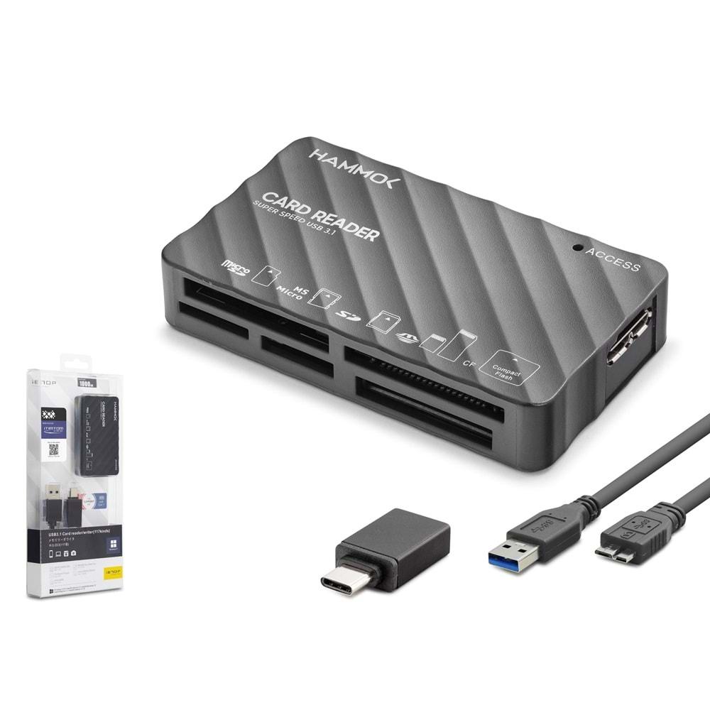 Hadron HDX7064 Kart Okuyucu 5Gbps USB 3.1 CF + SD + microSD + MS + XD 6 Slot Çoklu Card Reader Siyah