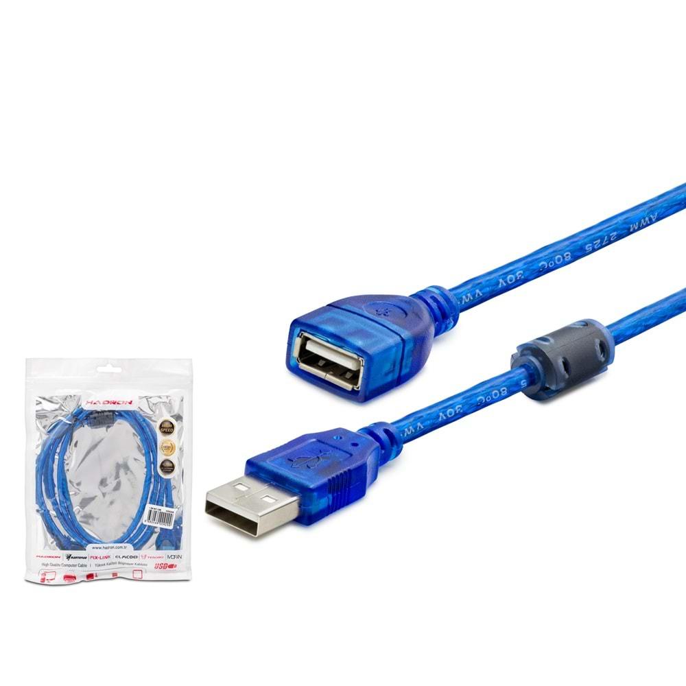 HADRON HDX7534 USB (M) TO USB (F) UZATMA KABLO MAVİ TRANSPARENT 1.5MT