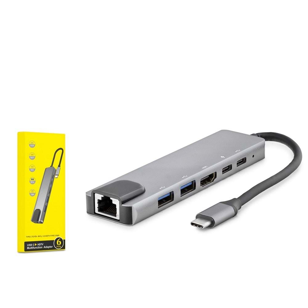 HADRON HDX7791 TYPE-C (M) TO 2USB3.0+2TYPE-C+4K HDTV+ETHERNET (6F) MULTI FUNCTION ADAPÖR 6IN1 GRİ