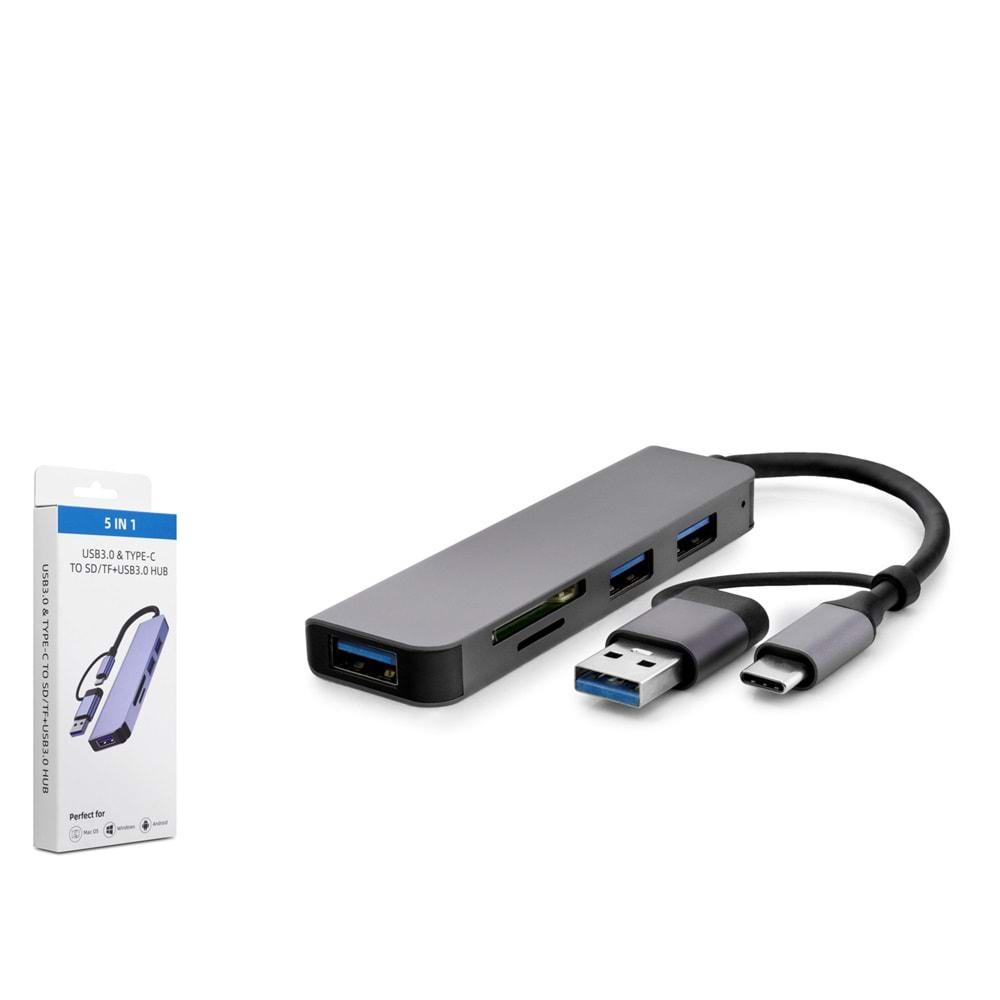 HADRON HDX7826 TYPE-C+USB3.0 HUB COMBO 3PORT+SD/TF CARD READER 5IN1 FÜME