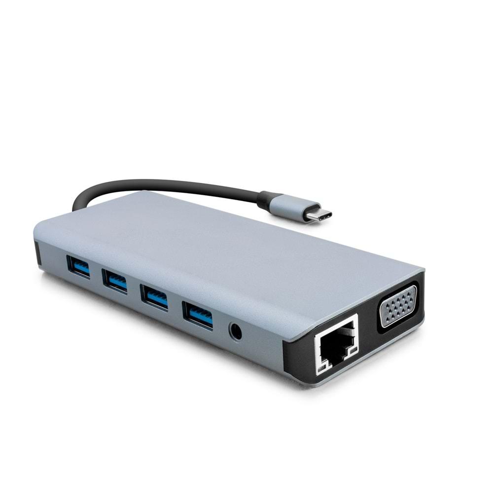 HADRON HDX7829 TYPE-C TO PD + 2HDMI + 3USB3.0 +USB2.0 + LAN + SD +TF + AUIDO + VGA + 12IN1 30HZ*2 FÜME