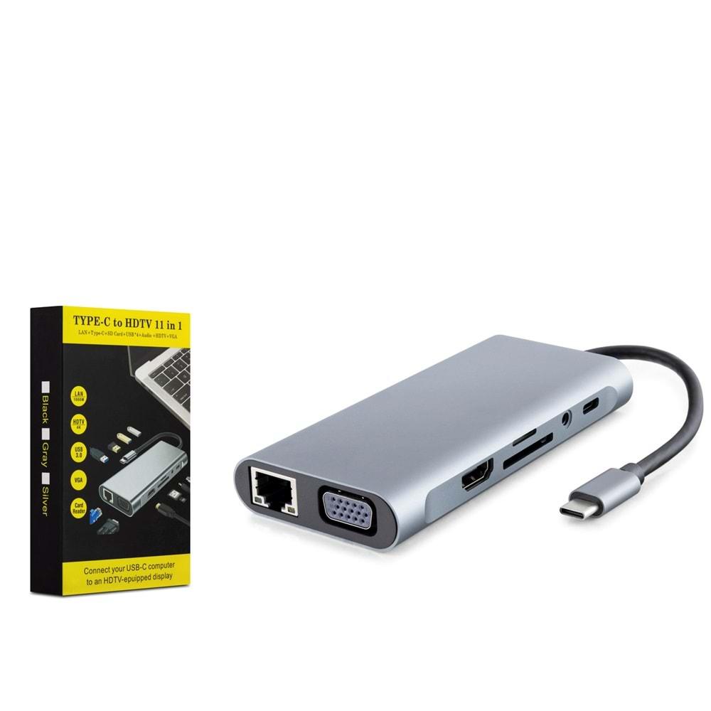 HADRON HDX7830 TYPE-C TO PD + HDMI + 4USB3.0 + LAN + SD + TF + AUIDO + VGA 11IN1 30HZ FÜME