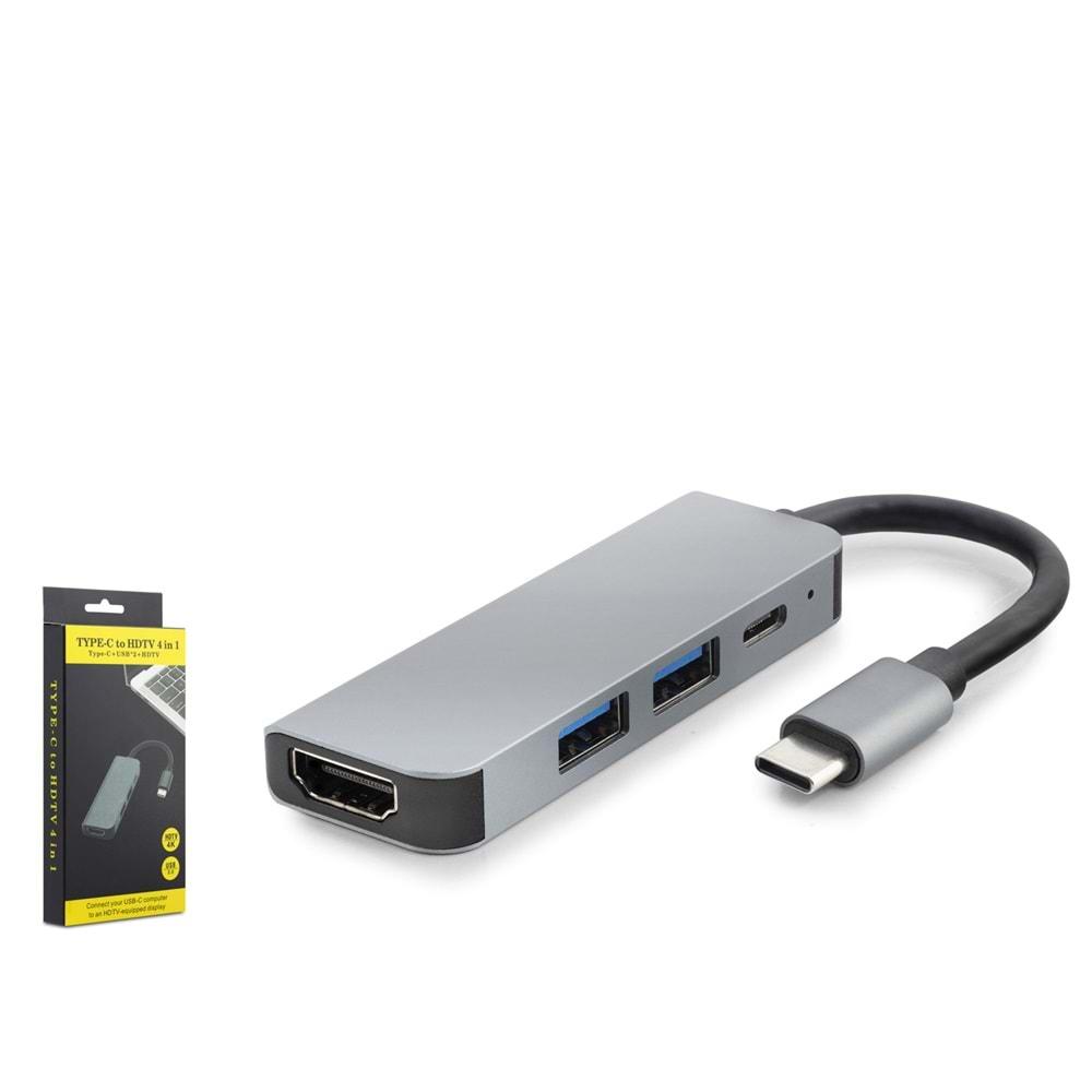 HADRON HDX7840 TYPE-C (M) TO USB3.0*2+TYPE-C+HDMI4K+MULTI FUNCTION ADAPÖR 4IN1 GRİ