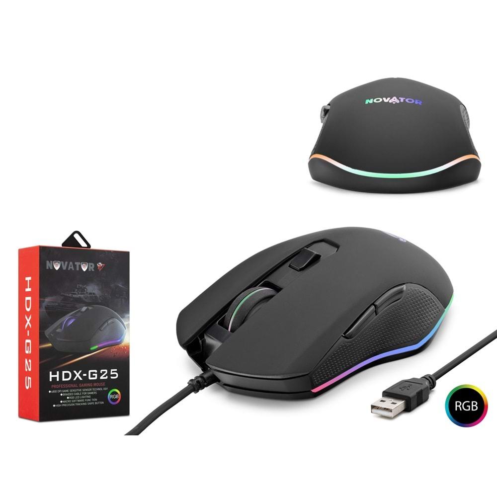 NOVATOR HDXG25 MOUSE KABLOLU OYUN USB RGB LEDLİ MAX. 6400 DPI