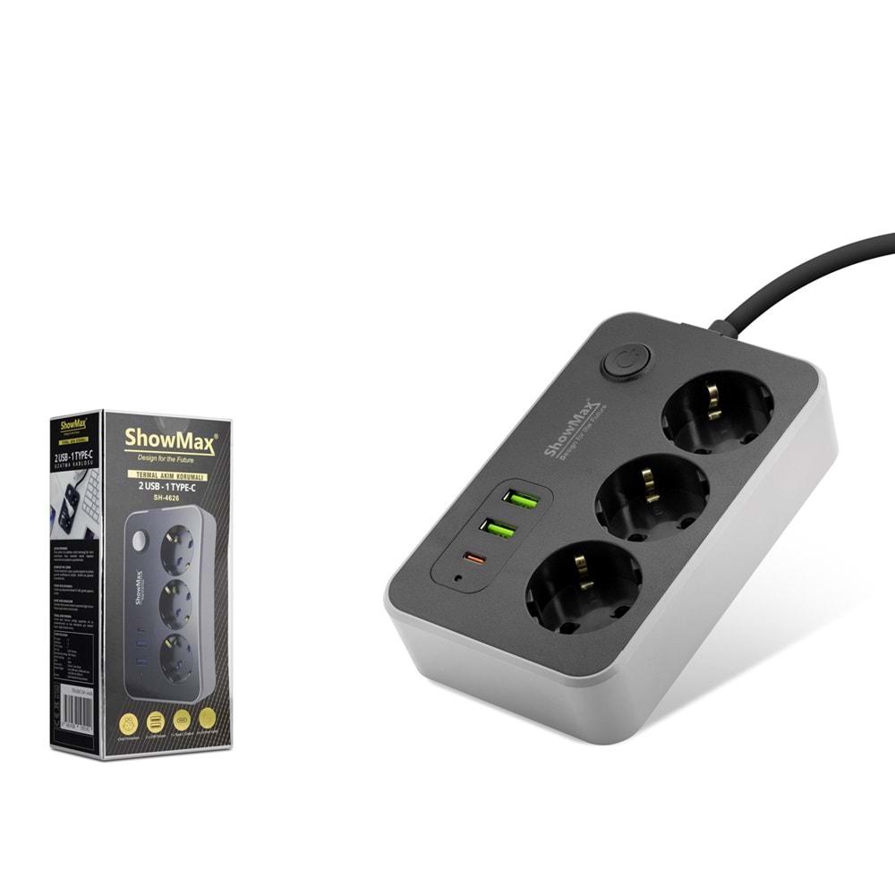 SHOWMAX SH4626 TERMAL AKIM KORUMALI 3*PRİZ + 2*USB + TYPE-C 2M SİYAH