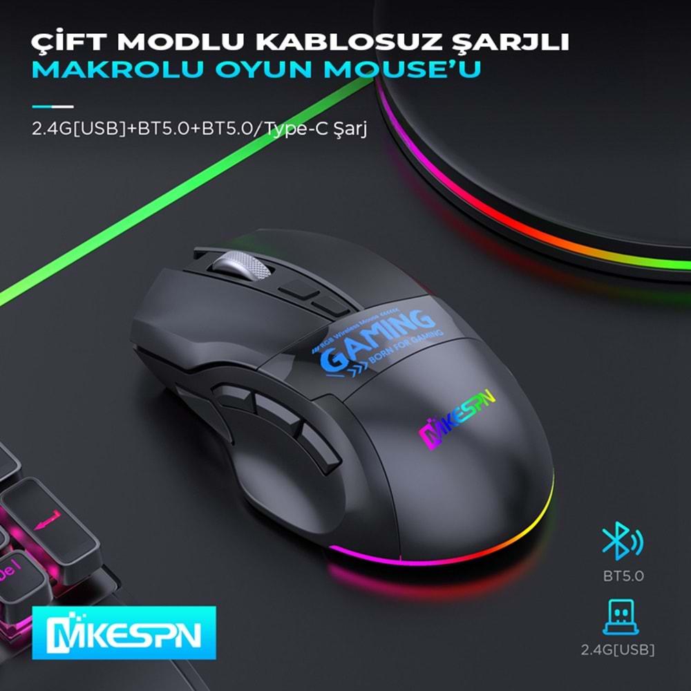 Mkespn W10 Gaming Mouse Kablosuz Dual Mod 2400 Dpi 9 Tuş 500Hz Rgb Ergonomik Oyuncu Mouse Siyah