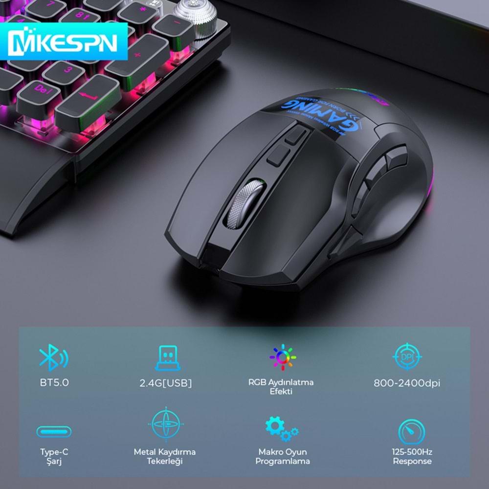 Mkespn W10 Gaming Mouse Kablosuz Dual Mod 2400 Dpi 9 Tuş 500Hz Rgb Ergonomik Oyuncu Mouse Siyah
