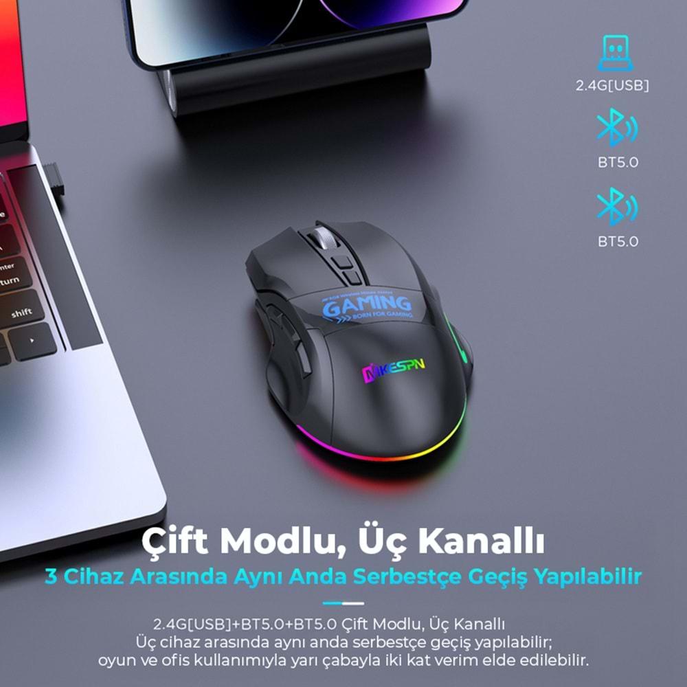 Mkespn W10 Gaming Mouse Kablosuz Dual Mod 2400 Dpi 9 Tuş 500Hz Rgb Ergonomik Oyuncu Mouse Siyah