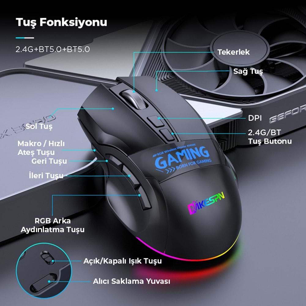 Mkespn W10 Gaming Mouse Kablosuz Dual Mod 2400 Dpi 9 Tuş 500Hz Rgb Ergonomik Oyuncu Mouse Siyah