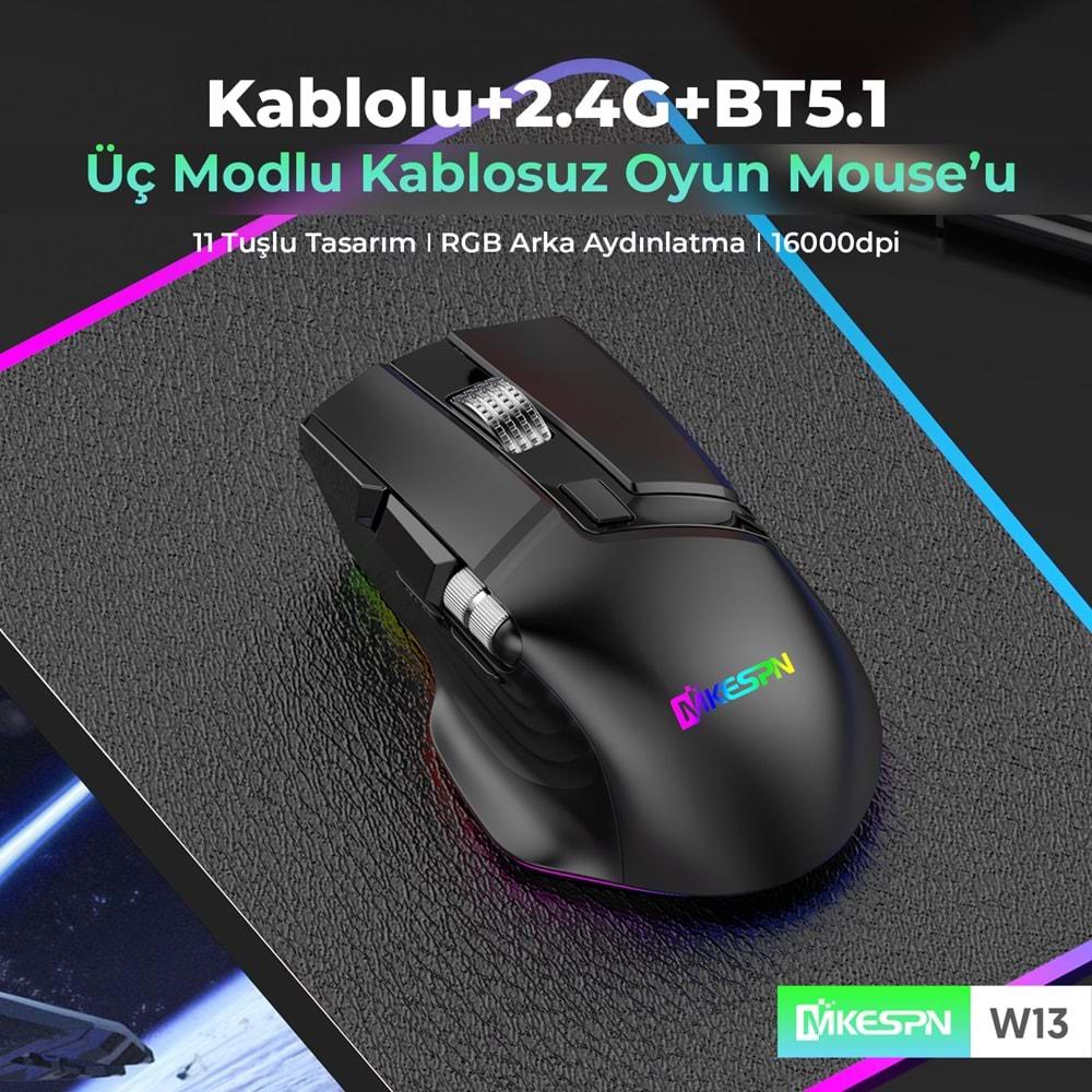 Mkespn W13 Gaming Mouse Bluetooth Kablosuz + Kablolu 10000 Dpi 10 Tuş Rgb Oyuncu Mouse Siyah