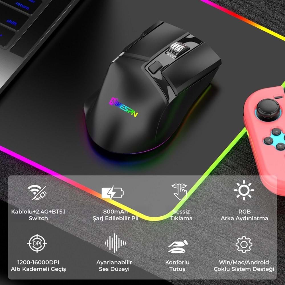 Mkespn W13 Gaming Mouse Bluetooth Kablosuz + Kablolu 10000 Dpi 10 Tuş Rgb Oyuncu Mouse Siyah