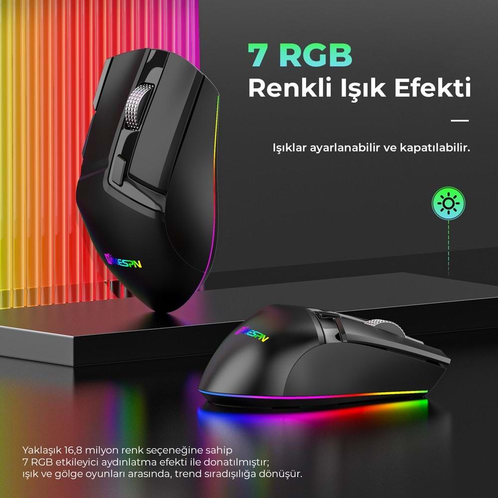 Mkespn W13 Gaming Mouse Bluetooth Kablosuz + Kablolu 10000 Dpi 10 Tuş Rgb Oyuncu Mouse Siyah