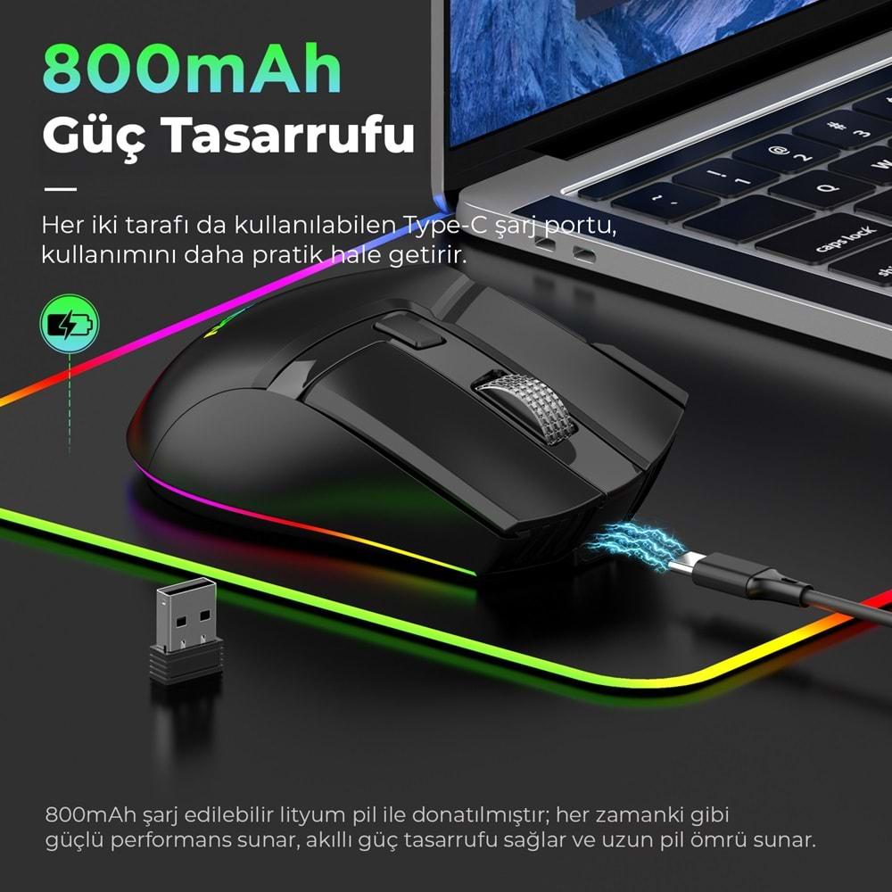 Mkespn W13 Gaming Mouse Bluetooth Kablosuz + Kablolu 10000 Dpi 10 Tuş Rgb Oyuncu Mouse Siyah