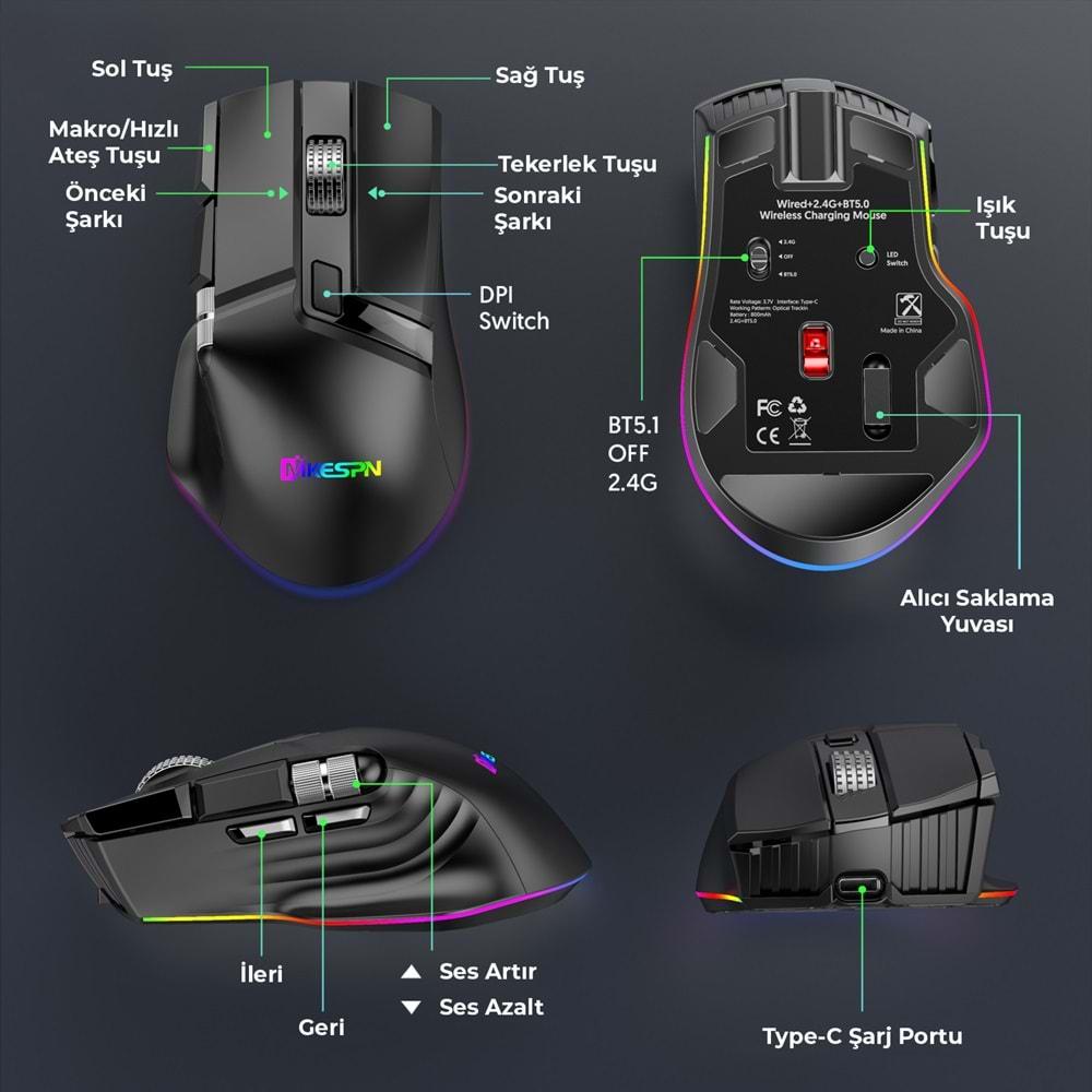 Mkespn W13 Gaming Mouse Bluetooth Kablosuz + Kablolu 10000 Dpi 10 Tuş Rgb Oyuncu Mouse Siyah