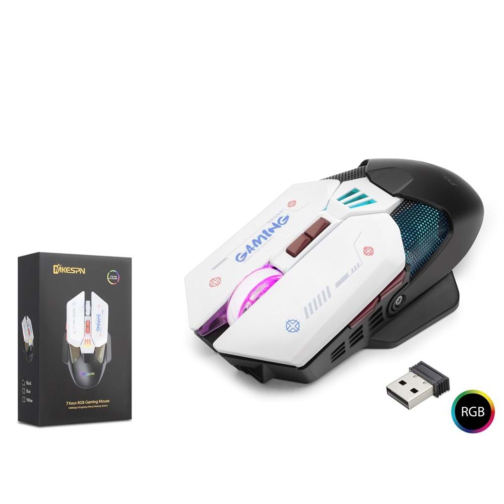 MKESPN W19 RGB Oyuncu Mouse – Kablosuz & Kablolu Gaming Mouse – 10000 DPI, 7 Tuş Makro, 1000Hz (Siyah Beyaz)