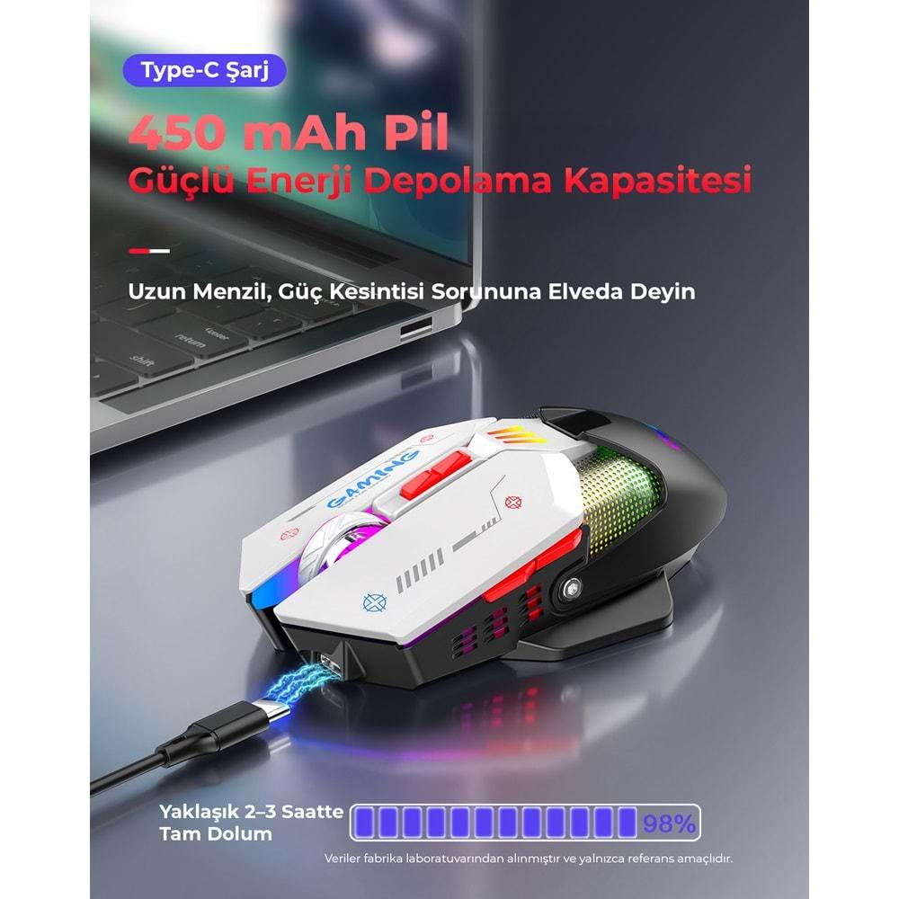 Mkespn W19 Gaming Mouse Kablosuz + Kablolu 10000 Dpi 7 Tuş Makro 1000Hz Rgb Oyuncu Mouse Siyah-Beyaz