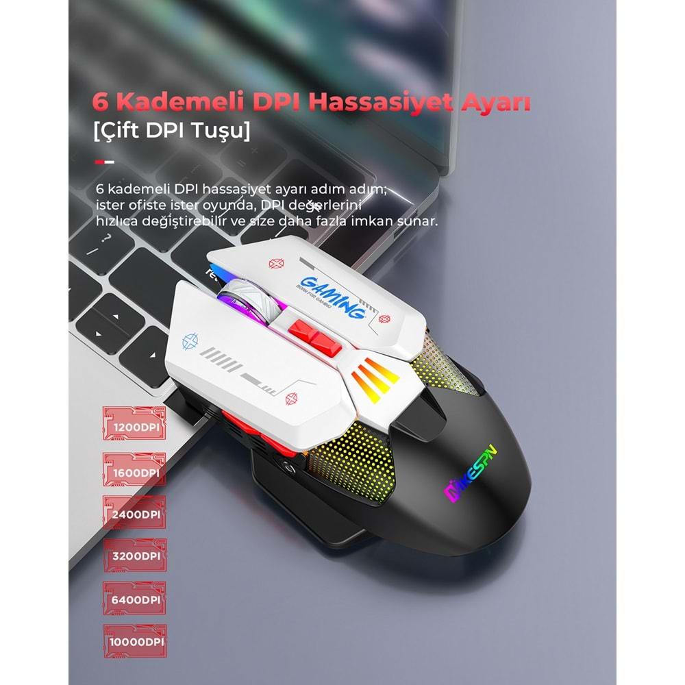 Mkespn W19 Gaming Mouse Kablosuz + Kablolu 10000 Dpi 7 Tuş Makro 1000Hz Rgb Oyuncu Mouse Siyah-Beyaz