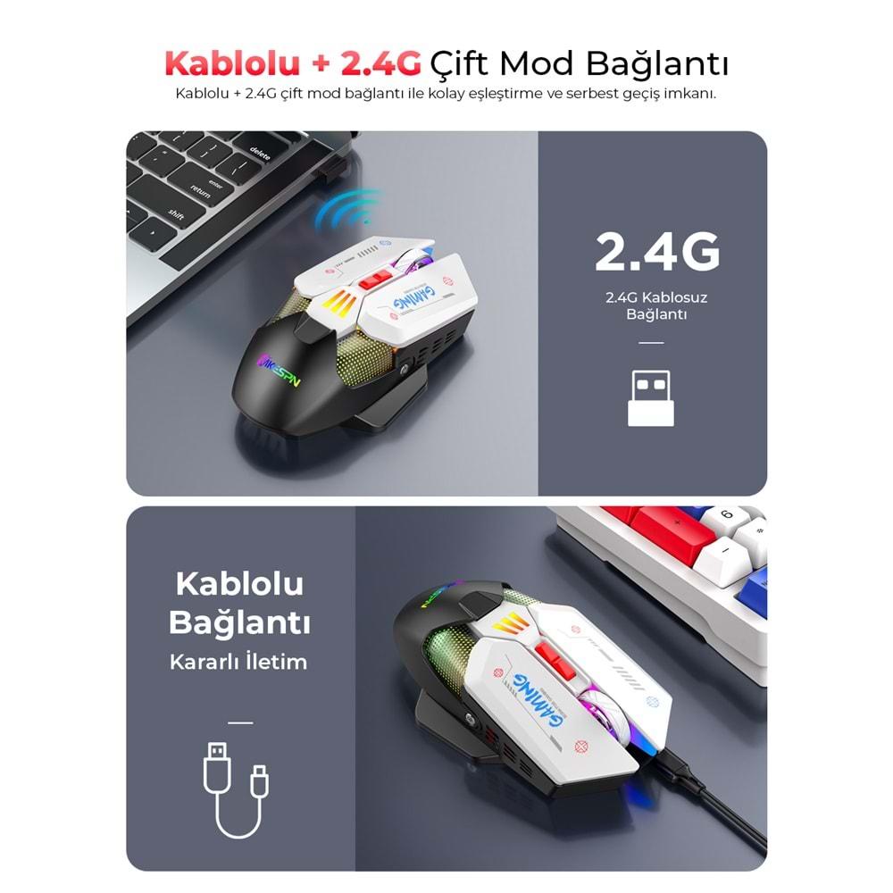 Mkespn W19 Gaming Mouse Kablosuz + Kablolu 10000 Dpi 7 Tuş Makro 1000Hz Rgb Oyuncu Mouse Siyah-Beyaz