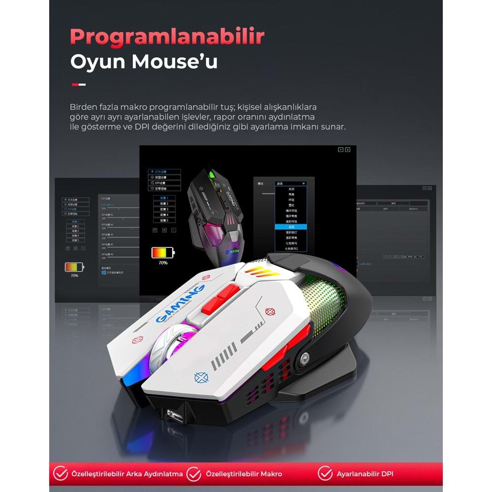 Mkespn W19 Gaming Mouse Kablosuz + Kablolu 10000 Dpi 7 Tuş Makro 1000Hz Rgb Oyuncu Mouse Siyah-Beyaz