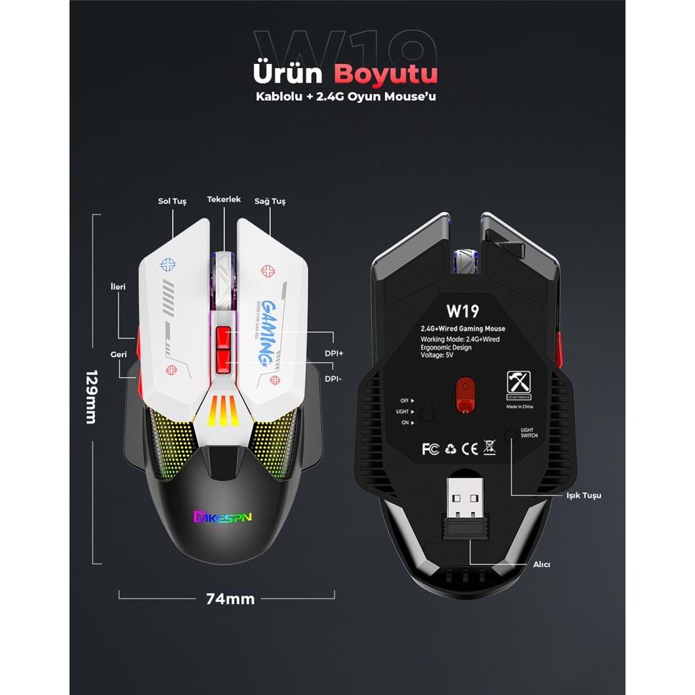 Mkespn W19 Gaming Mouse Kablosuz + Kablolu 10000 Dpi 7 Tuş Makro 1000Hz Rgb Oyuncu Mouse Siyah-Beyaz
