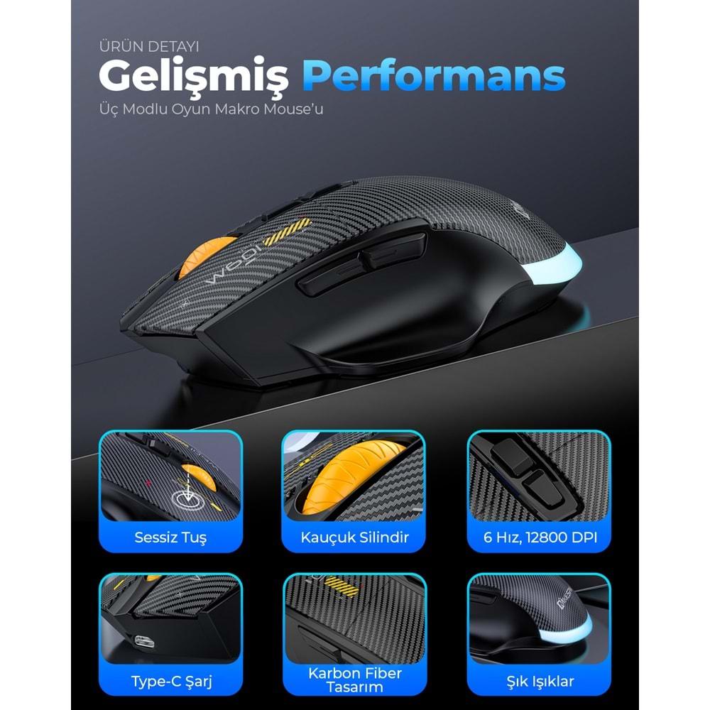 Mkespn W601B Gaming Mouse Kablosuz + Kablolu 12800 Dpi 7 Tuş Makro 1000Hz Rgb Oyuncu Mouse Siyah