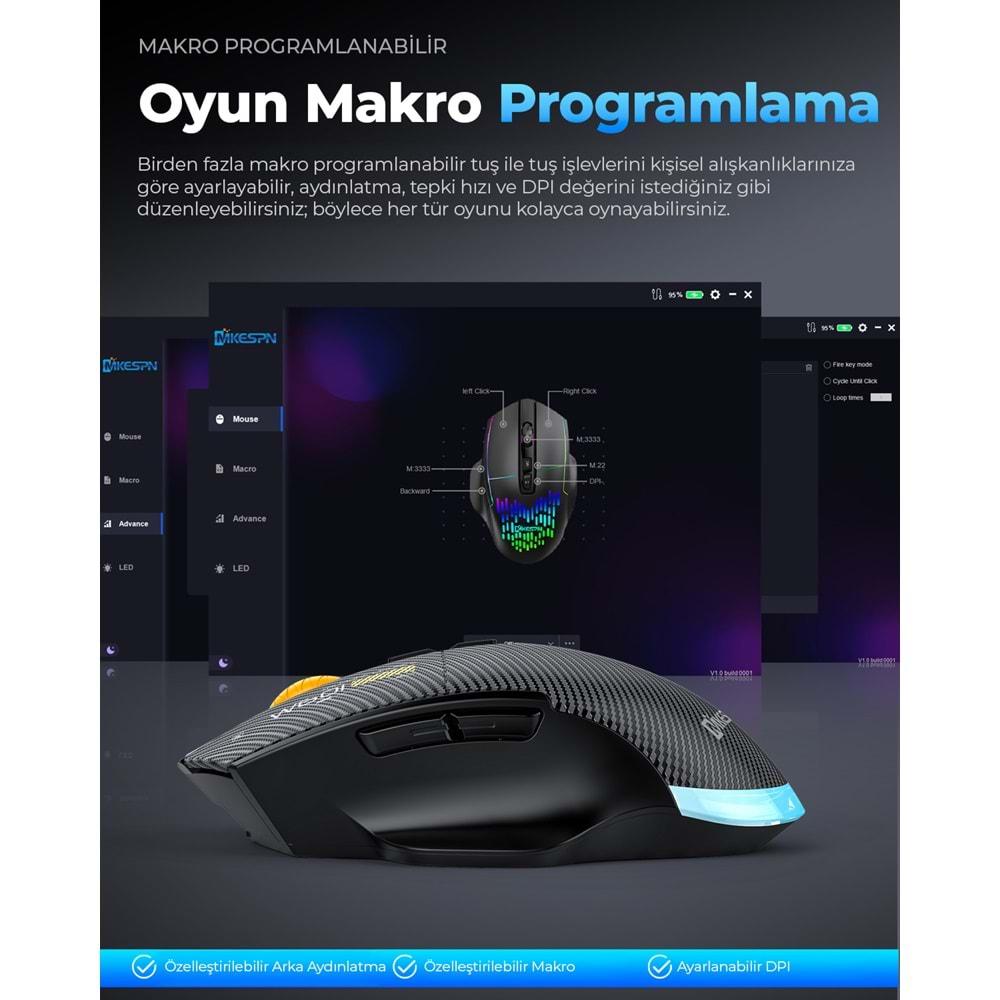 Mkespn W601B Gaming Mouse Kablosuz + Kablolu 12800 Dpi 7 Tuş Makro 1000Hz Rgb Oyuncu Mouse Siyah