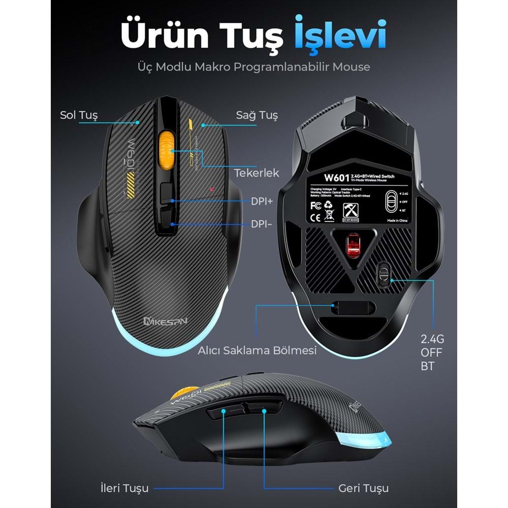 Mkespn W601W Gaming Mouse Kablosuz + Kablolu 12800 Dpi 7 Tuş Makro 1000Hz Rgb Oyuncu Mouse Beyaz
