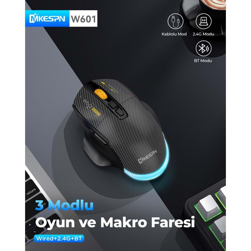 Mkespn W601W Gaming Mouse Kablosuz + Kablolu 12800 Dpi 7 Tuş Makro 1000Hz Rgb Oyuncu Mouse Beyaz