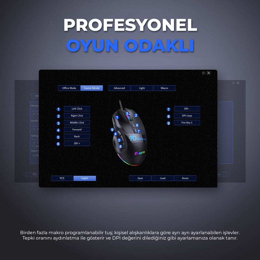 Mkespn X10 Gaming Mouse Kablolu 12800 Dpi 9 Tuş Makro 1000Hz Rgb Oyuncu Mouse Siyah