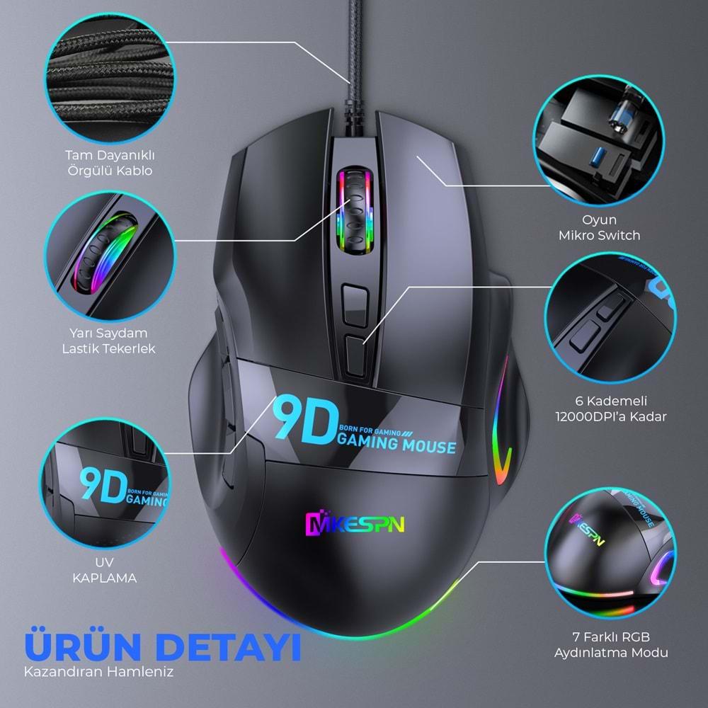 Mkespn X10 Gaming Mouse Kablolu 12800 Dpi 9 Tuş Makro 1000Hz Rgb Oyuncu Mouse Siyah