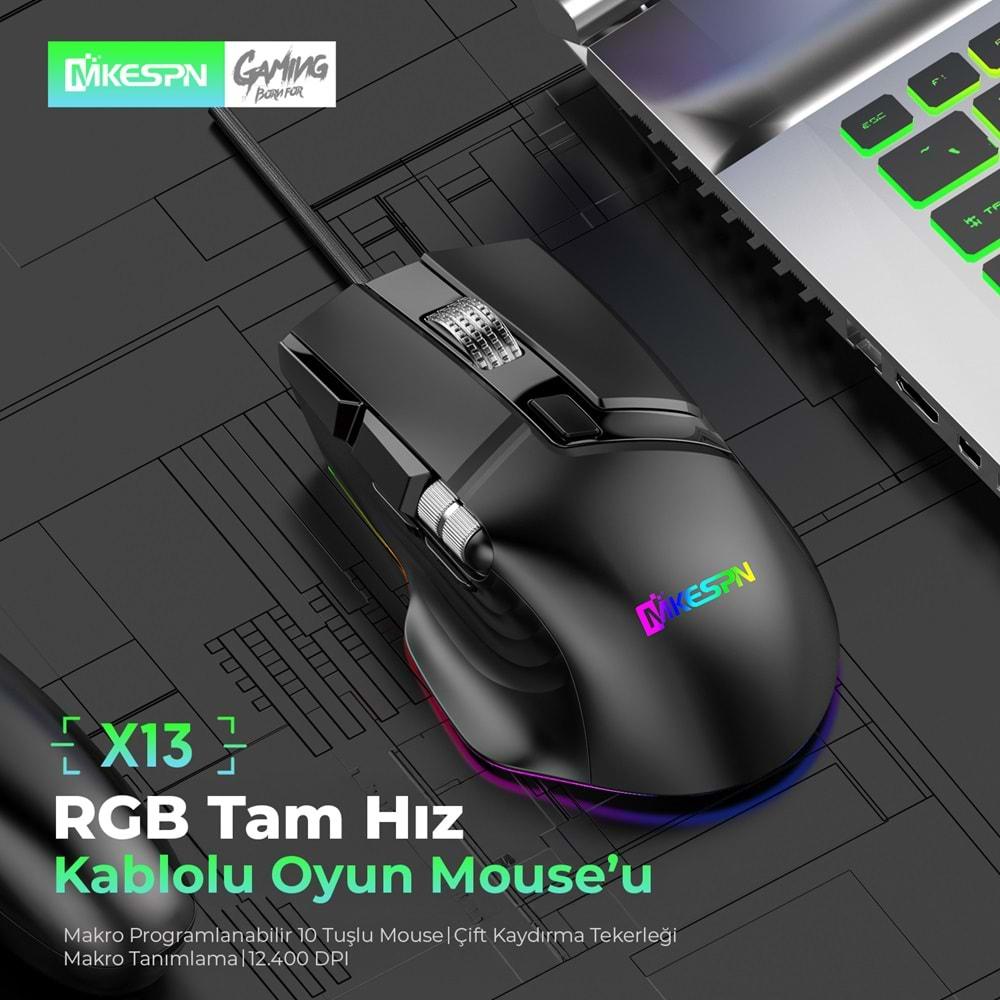 Mkespn X13 Gaming Mouse Kablolu 12400 Dpi 10 Tuş Makro Rgb Oyuncu Mouse Siyah