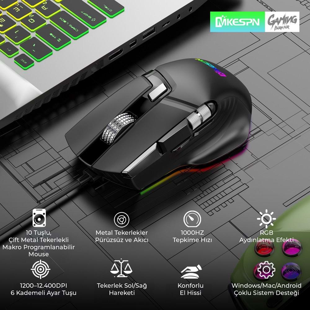 Mkespn X13 Gaming Mouse Kablolu 12400 Dpi 10 Tuş Makro Rgb Oyuncu Mouse Siyah