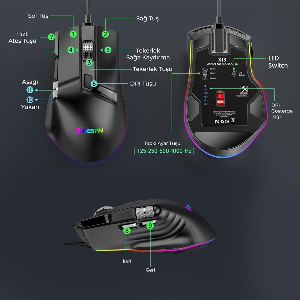Mkespn X13 Gaming Mouse Kablolu 12400 Dpi 10 Tuş Makro Rgb Oyuncu Mouse Siyah