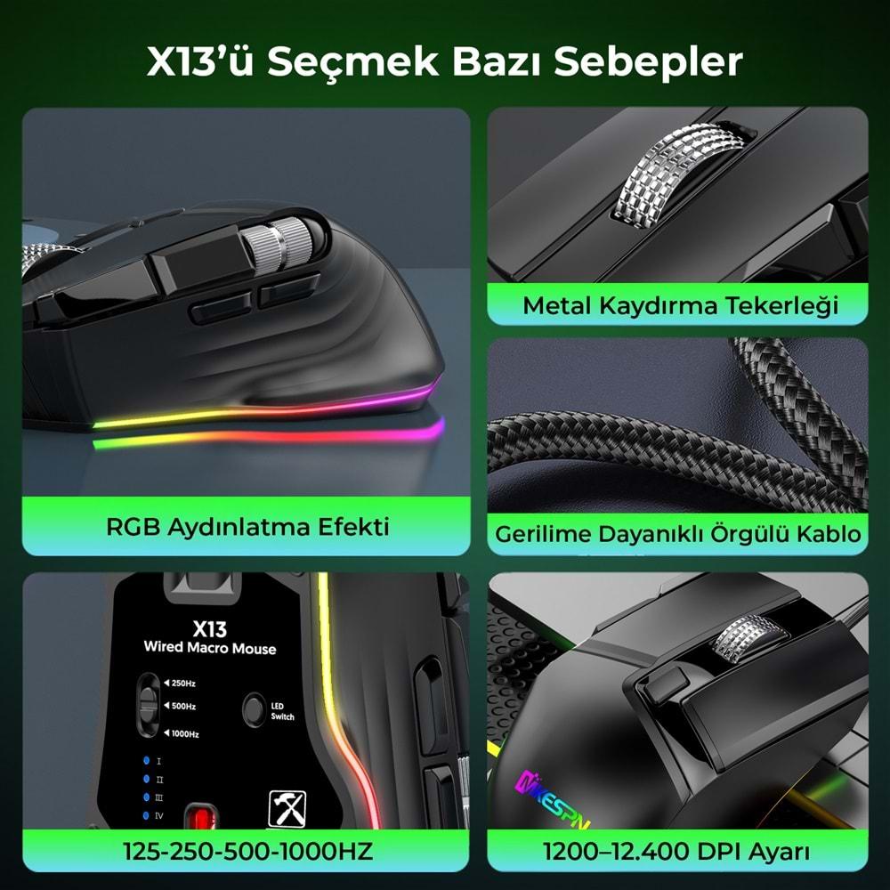 Mkespn X13 Gaming Mouse Kablolu 12400 Dpi 10 Tuş Makro Rgb Oyuncu Mouse Siyah