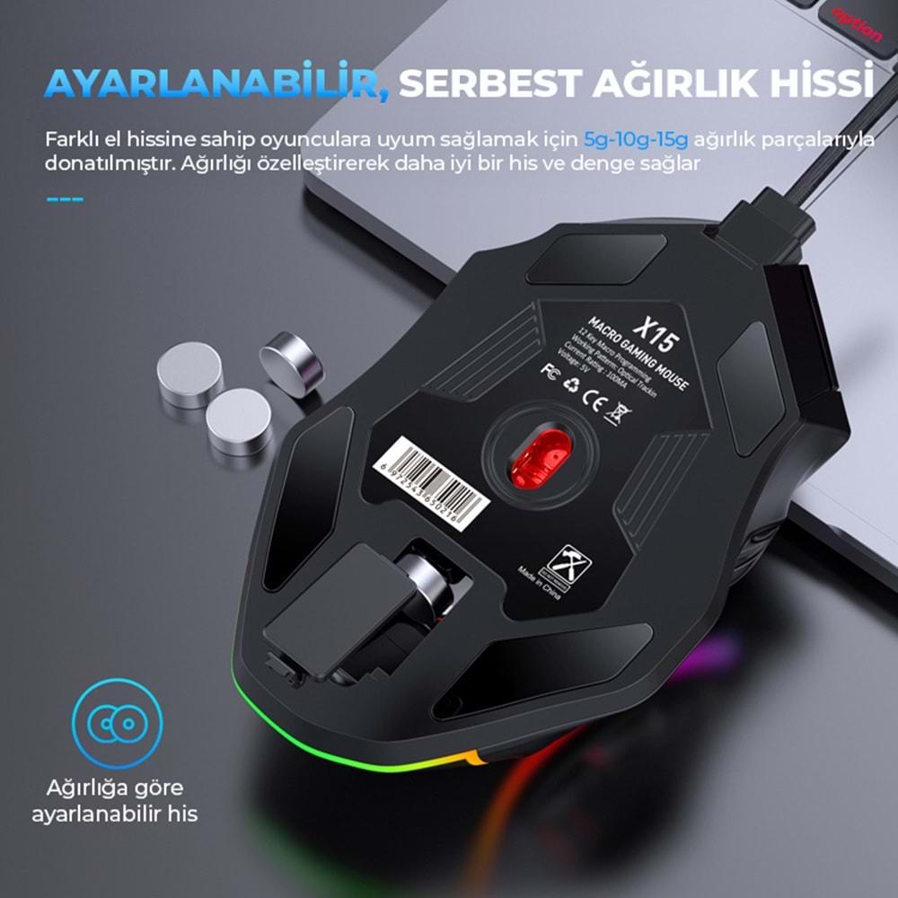 Mkespn X15 Gaming Mouse Kablolu 12800 Dpi 12 Tuş Makro 1000Hz Rgb Oyuncu Mouse Siyah