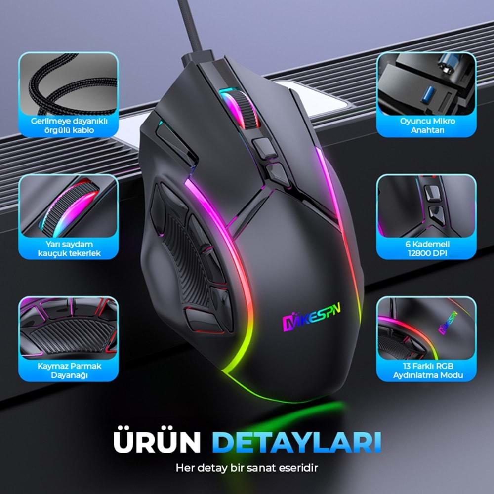 Mkespn X15 Gaming Mouse Kablolu 12800 Dpi 12 Tuş Makro 1000Hz Rgb Oyuncu Mouse Siyah