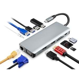 HADRON HDX7829 TYPE-C TO PD + 2HDMI + 3USB3.0 +USB2.0 + LAN + SD +TF + AUIDO + VGA + 12IN1 30HZ*2 FÜME