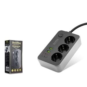 SHOWMAX SH4626 TERMAL AKIM KORUMALI 3*PRİZ + 2*USB + TYPE-C 2M SİYAH