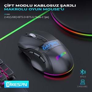 Mkespn W10 Gaming Mouse Kablosuz Dual Mod 2400 Dpi 9 Tuş 500Hz Rgb Ergonomik Oyuncu Mouse Siyah