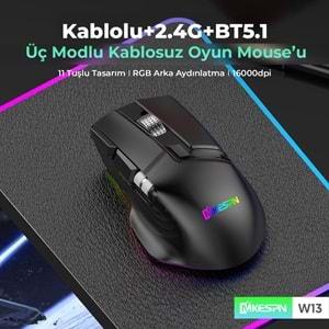 Mkespn W13 Gaming Mouse Bluetooth Kablosuz + Kablolu 10000 Dpi 10 Tuş Rgb Oyuncu Mouse Siyah