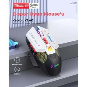 Mkespn W19 Gaming Mouse Kablosuz + Kablolu 10000 Dpi 7 Tuş Makro 1000Hz Rgb Oyuncu Mouse Siyah-Beyaz