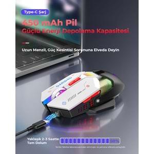 Mkespn W19 Gaming Mouse Kablosuz + Kablolu 10000 Dpi 7 Tuş Makro 1000Hz Rgb Oyuncu Mouse Siyah-Beyaz