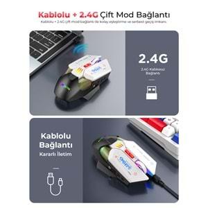 Mkespn W19 Gaming Mouse Kablosuz + Kablolu 10000 Dpi 7 Tuş Makro 1000Hz Rgb Oyuncu Mouse Siyah-Beyaz