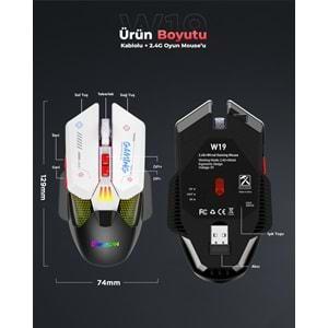 Mkespn W19 Gaming Mouse Kablosuz + Kablolu 10000 Dpi 7 Tuş Makro 1000Hz Rgb Oyuncu Mouse Siyah-Beyaz