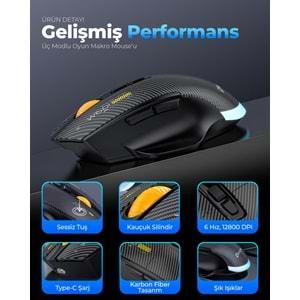 Mkespn W601B Gaming Mouse Kablosuz + Kablolu 12800 Dpi 7 Tuş Makro 1000Hz Rgb Oyuncu Mouse Siyah